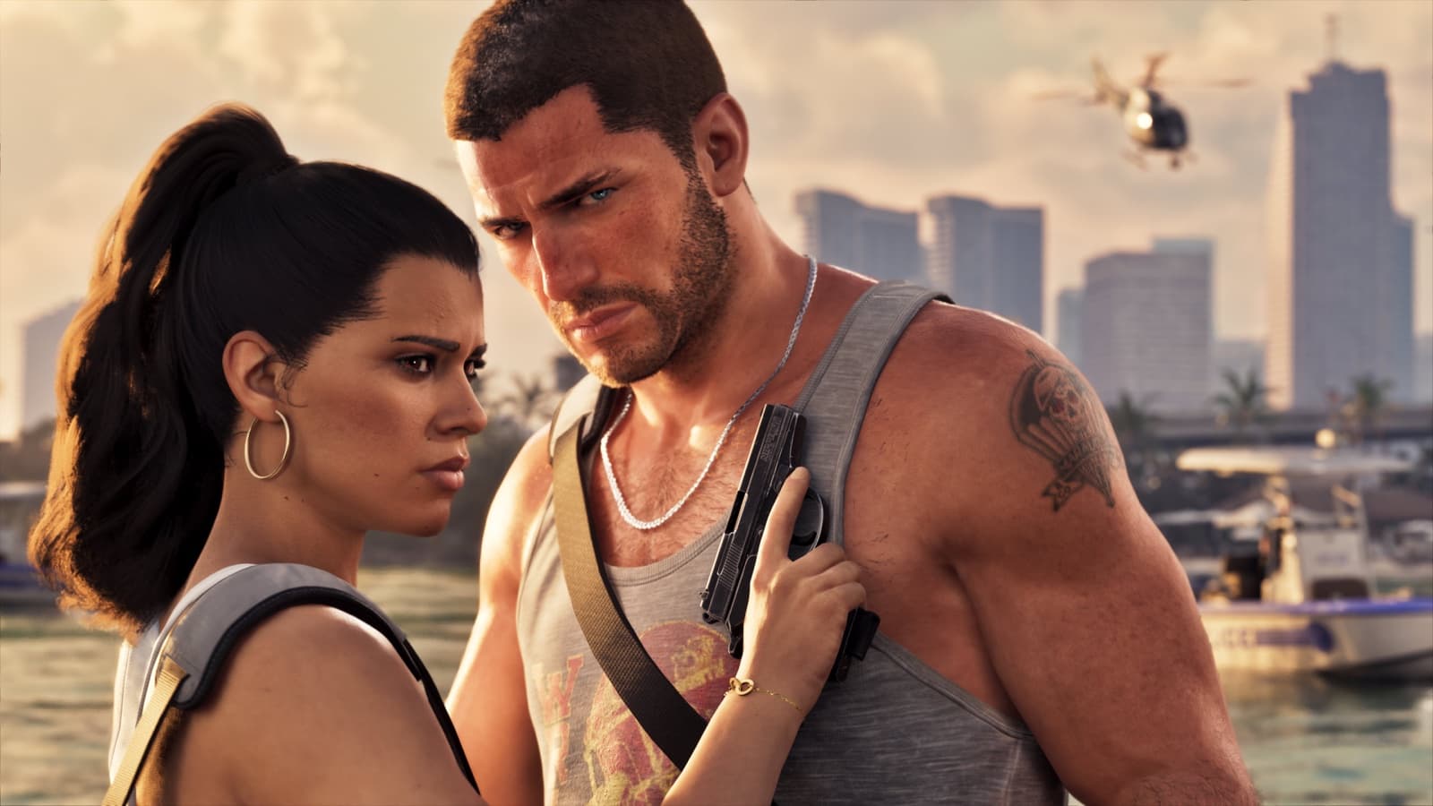 Jason and Lucia together beside the Vice City waterfront in an official GTA 6 screenshot